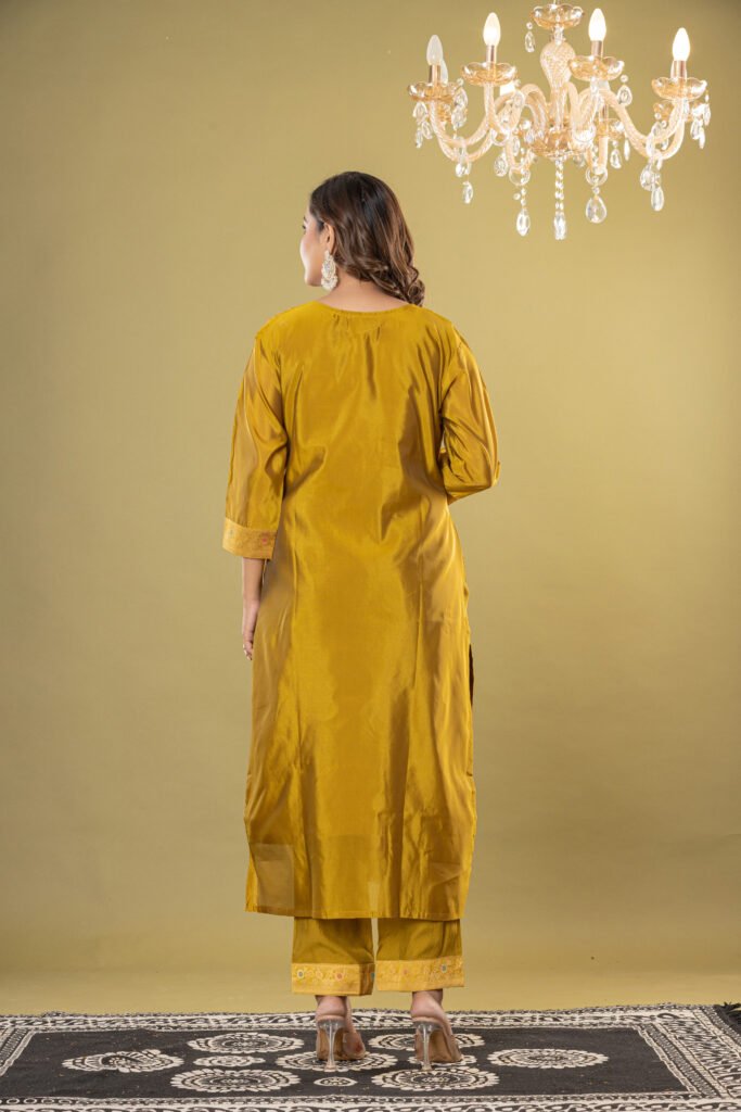 Women's Mustard Yellow Jacquard Silk Suit Set with Heavy Zari Embroidery