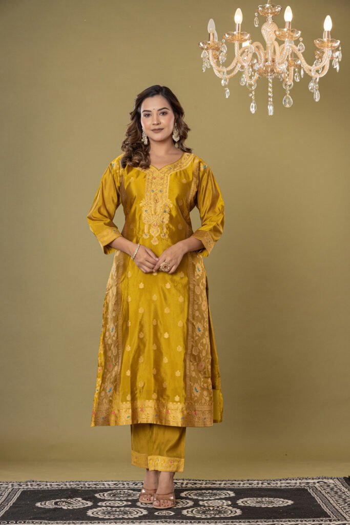 Women's Mustard Yellow Jacquard Silk Suit Set with Heavy Zari Embroidery