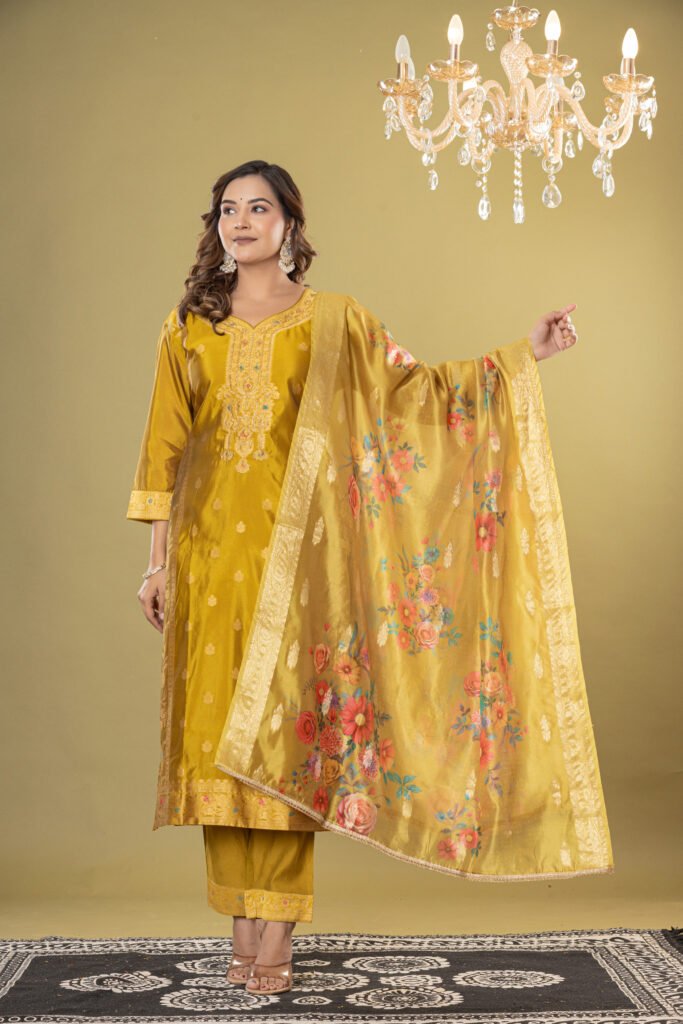 Women's Mustard Yellow Jacquard Silk Suit Set with Heavy Zari Embroidery