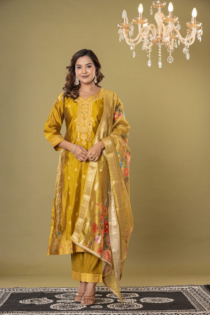 Women's Mustard Yellow Jacquard Silk Suit Set with Heavy Zari Embroidery