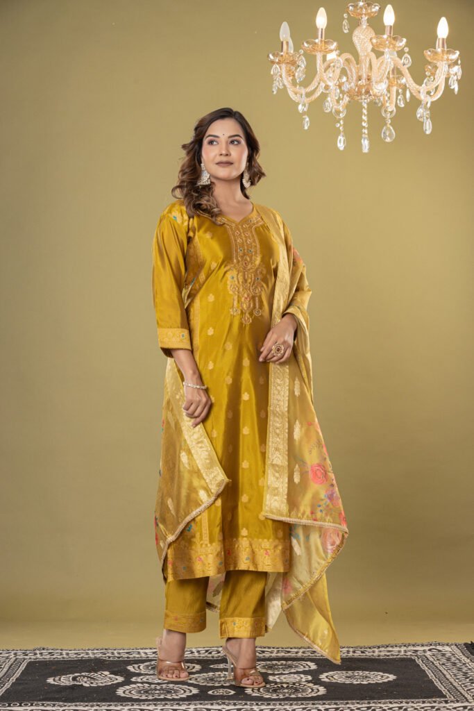 Women's Mustard Yellow Jacquard Silk Suit Set with Heavy Zari Embroidery