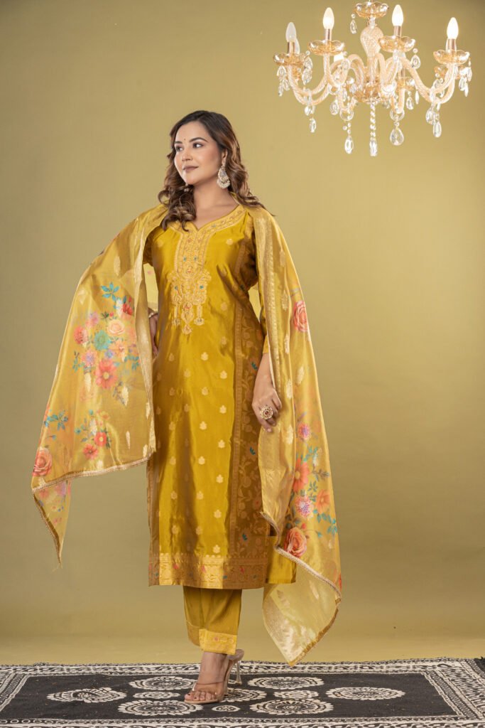 Women's Mustard Yellow Jacquard Silk Suit Set with Heavy Zari Embroidery