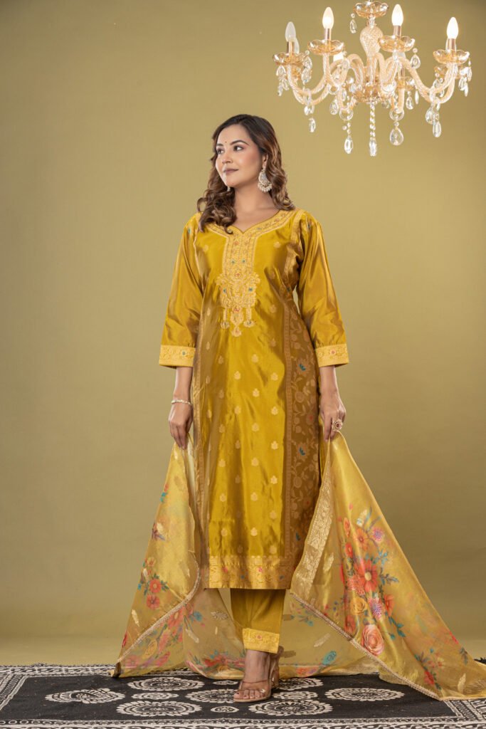 Women's Mustard Yellow Jacquard Silk Suit Set with Heavy Zari Embroidery