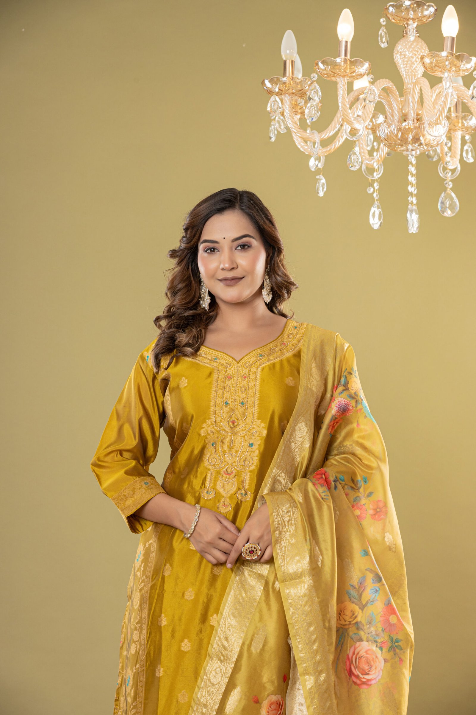 Women's Mustard Yellow Jacquard Silk Suit Set with Heavy Zari Embroidery