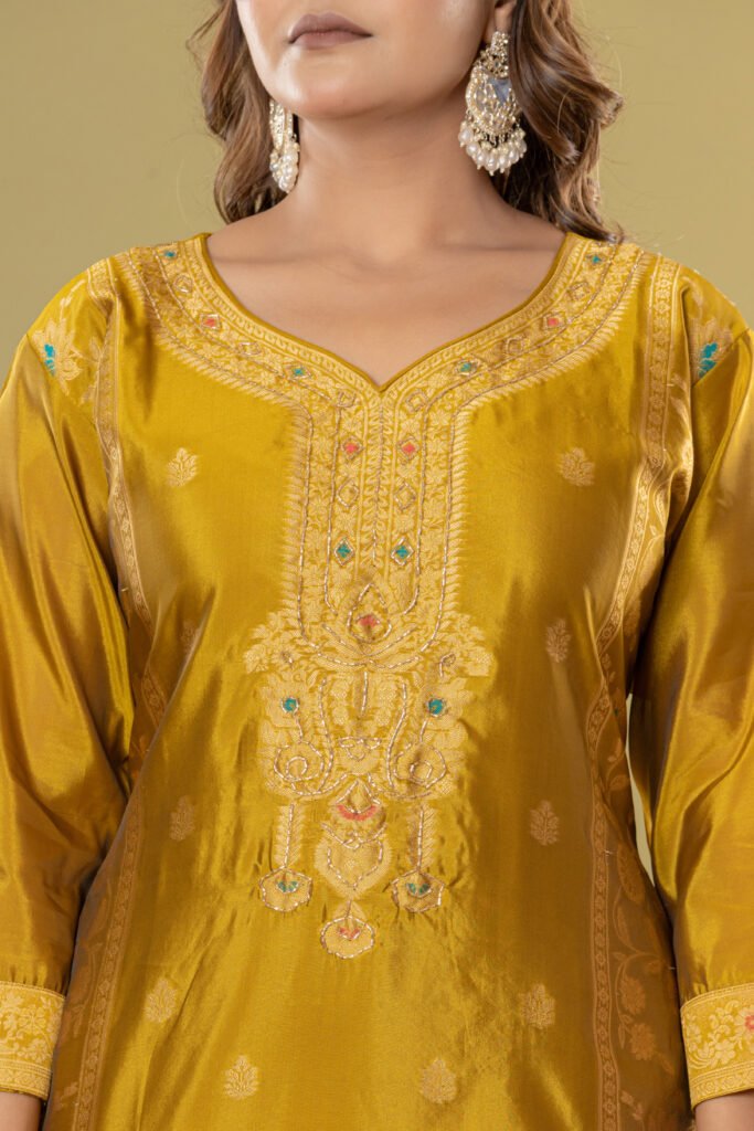 Women's Mustard Yellow Jacquard Silk Suit Set with Heavy Zari Embroidery