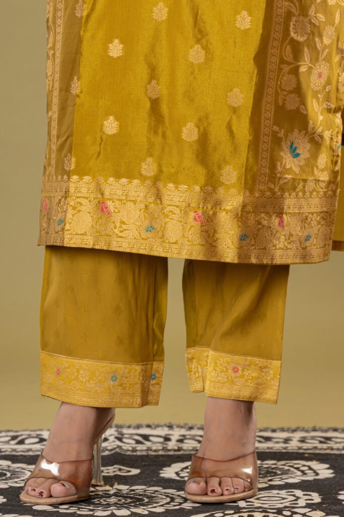 Women's Mustard Yellow Jacquard Silk Suit Set with Heavy Zari Embroidery