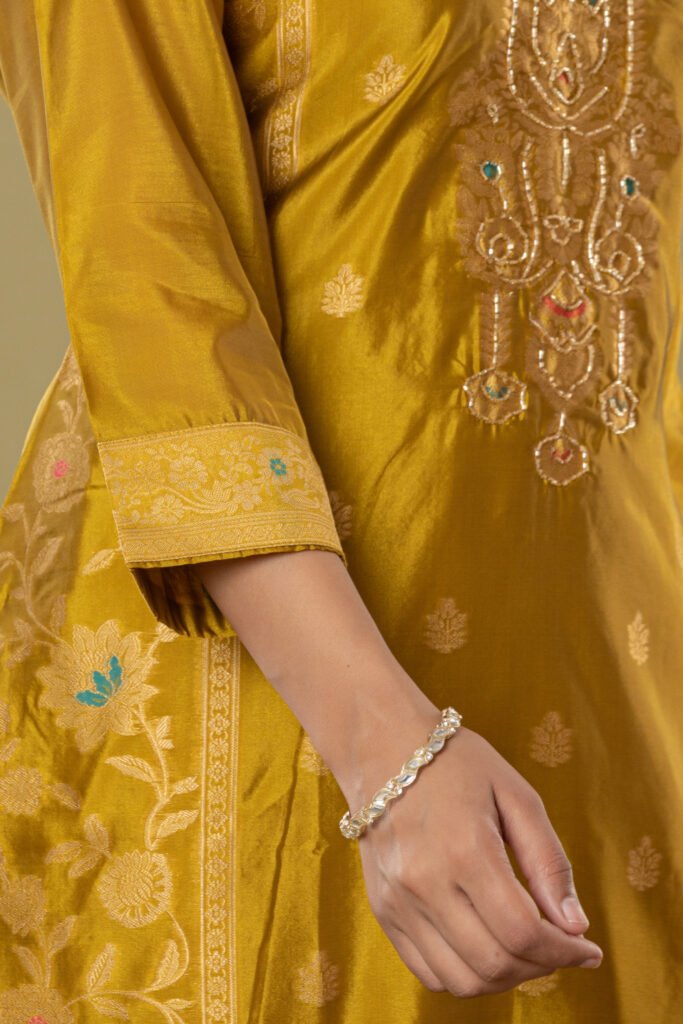 Women's Mustard Yellow Jacquard Silk Suit Set with Heavy Zari Embroidery