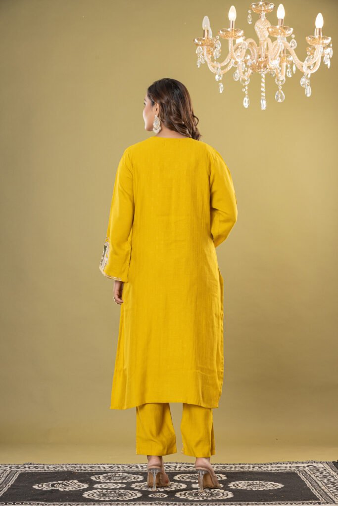 Women's Mustard Yellow Heavy Embroidered Muslin Suit Set with Banarasi Bandhej Dupatta