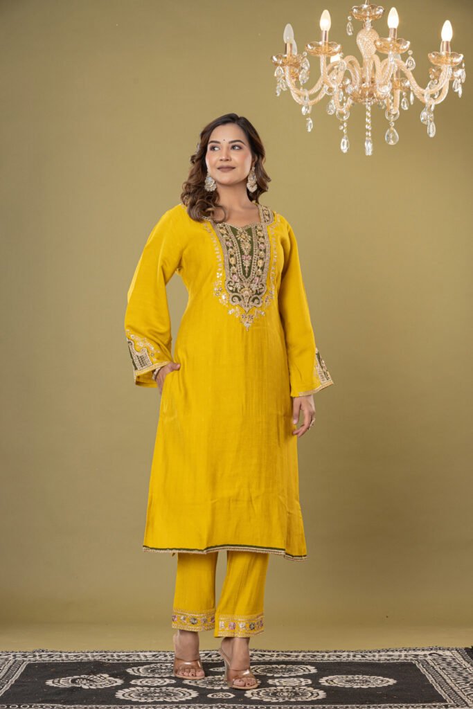 Women's Mustard Yellow Heavy Embroidered Muslin Suit Set with Banarasi Bandhej Dupatta