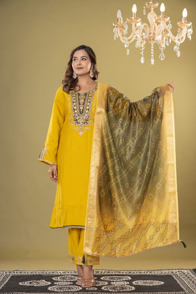 Women's Mustard Yellow Heavy Embroidered Muslin Suit Set with Banarasi Bandhej Dupatta