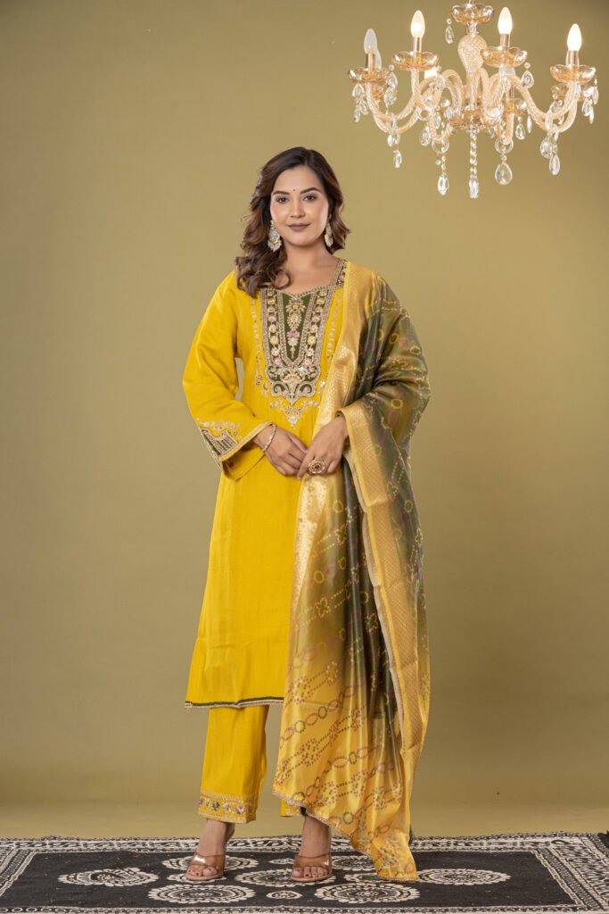 Women's Mustard Yellow Heavy Embroidered Muslin Suit Set with Banarasi Bandhej Dupatta