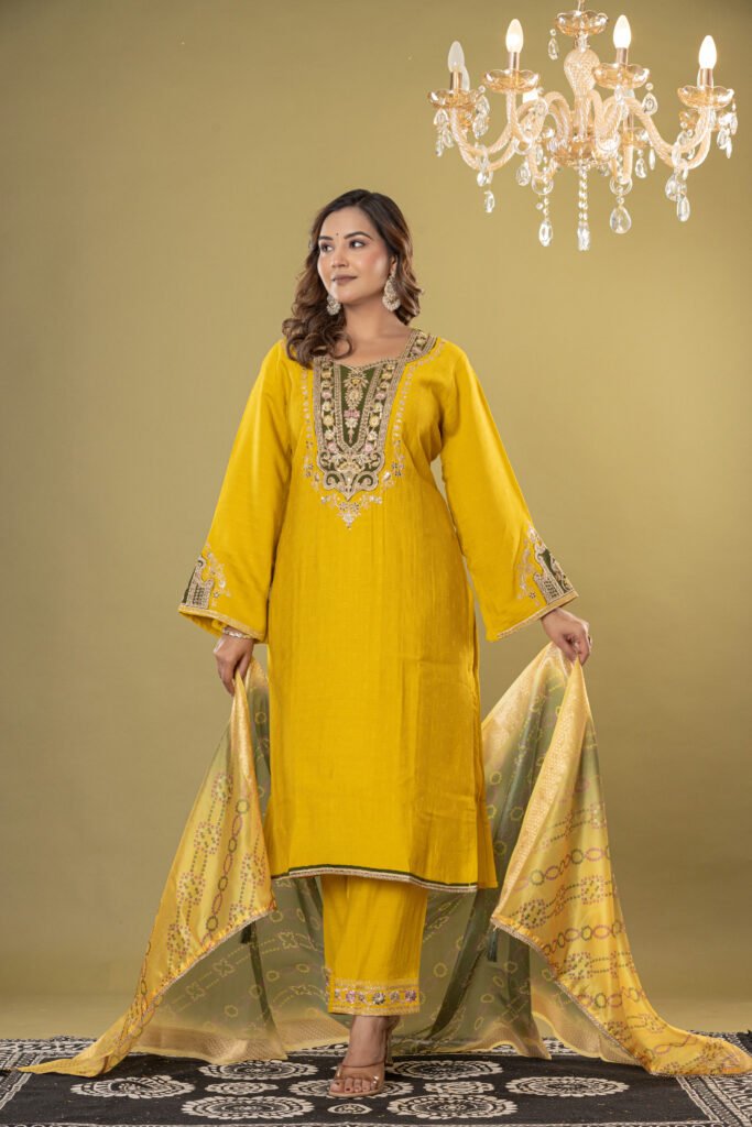 Women's Mustard Yellow Heavy Embroidered Muslin Suit Set with Banarasi Bandhej Dupatta
