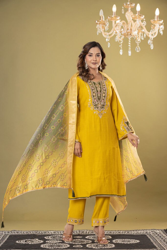 Women's Mustard Yellow Heavy Embroidered Muslin Suit Set with Banarasi Bandhej Dupatta