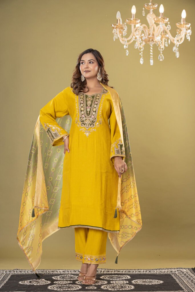 Women's Mustard Yellow Heavy Embroidered Muslin Suit Set with Banarasi Bandhej Dupatta