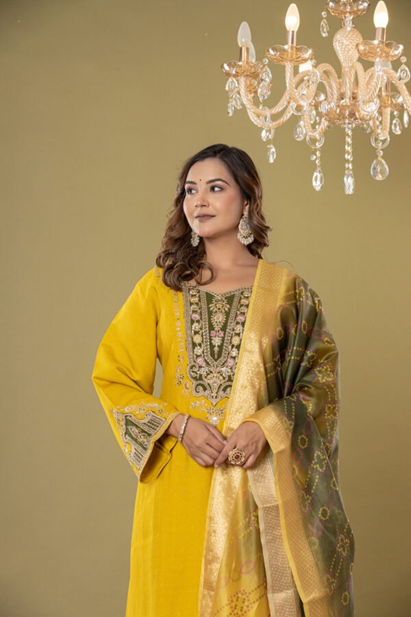 Women's Mustard Yellow Heavy Embroidered Muslin Suit Set with Banarasi Bandhej Dupatta