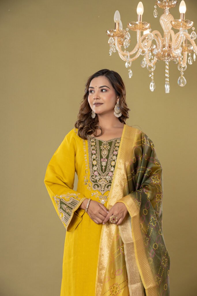 Women's Mustard Yellow Heavy Embroidered Muslin Suit Set with Banarasi Bandhej Dupatta