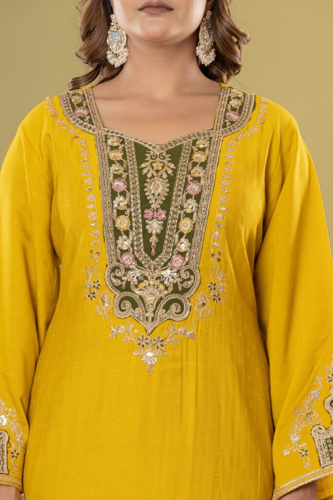 Women's Mustard Yellow Heavy Embroidered Muslin Suit Set with Banarasi Bandhej Dupatta