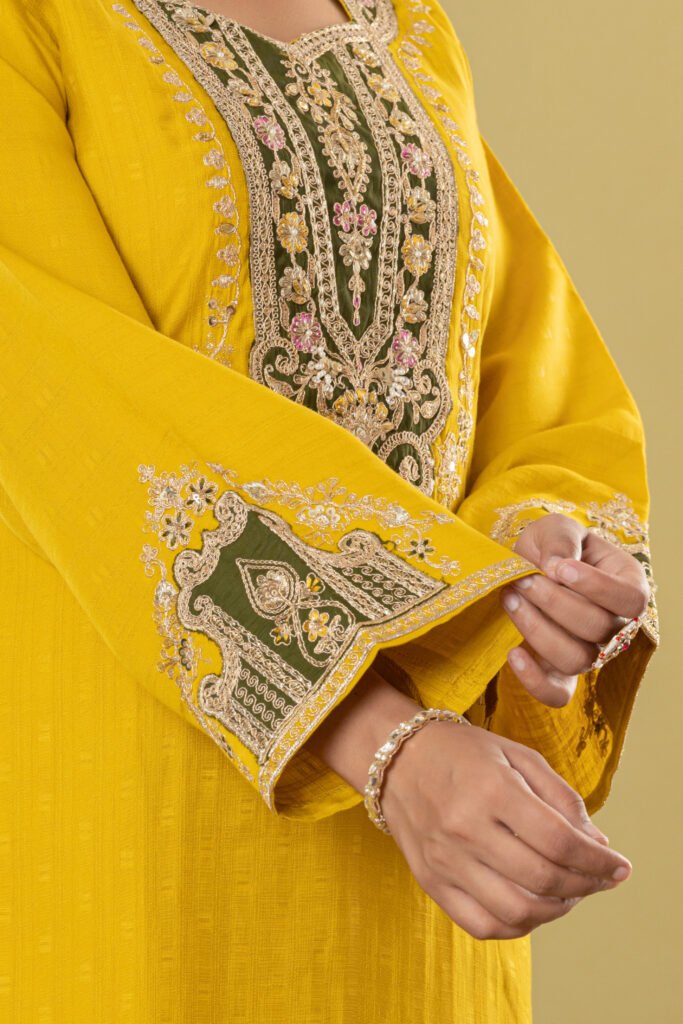 Women's Mustard Yellow Heavy Embroidered Muslin Suit Set with Banarasi Bandhej Dupatta