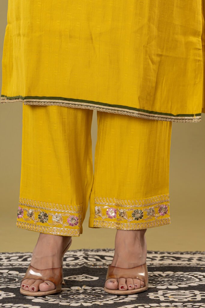 Women's Mustard Yellow Heavy Embroidered Muslin Suit Set with Banarasi Bandhej Dupatta