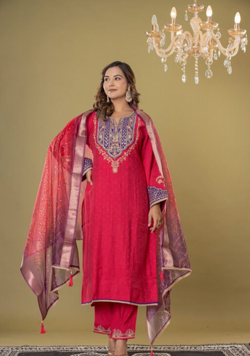 Women's Pink Heavy Embroidered Muslin Suit Set with Banarasi Bandhej Dupatta