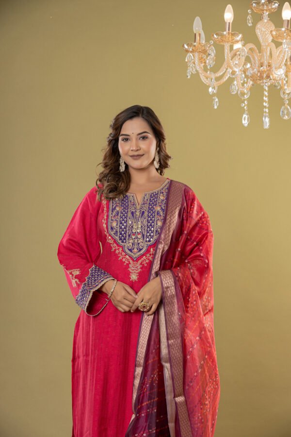 Women's Pink Heavy Embroidered Muslin Suit Set with Banarasi Bandhej Dupatta
