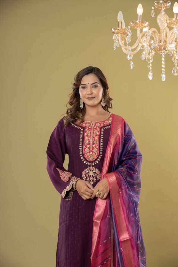 Women's Wine Purple Embroidered Muslin Suit Set with Banarasi Bandhej Dupatta