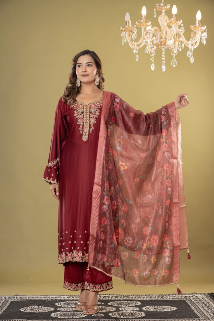 Women's Maroon Embroidered Straight Suit Set with Dupatta
