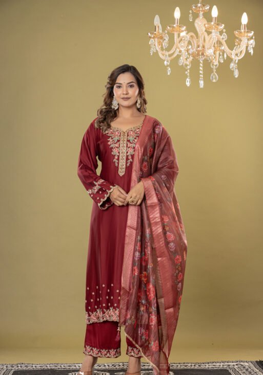 Women's Maroon Embroidered Straight Suit Set with Dupatta