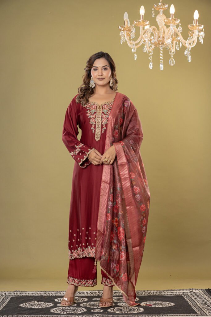 Women's Maroon Embroidered Straight Suit Set with Dupatta
