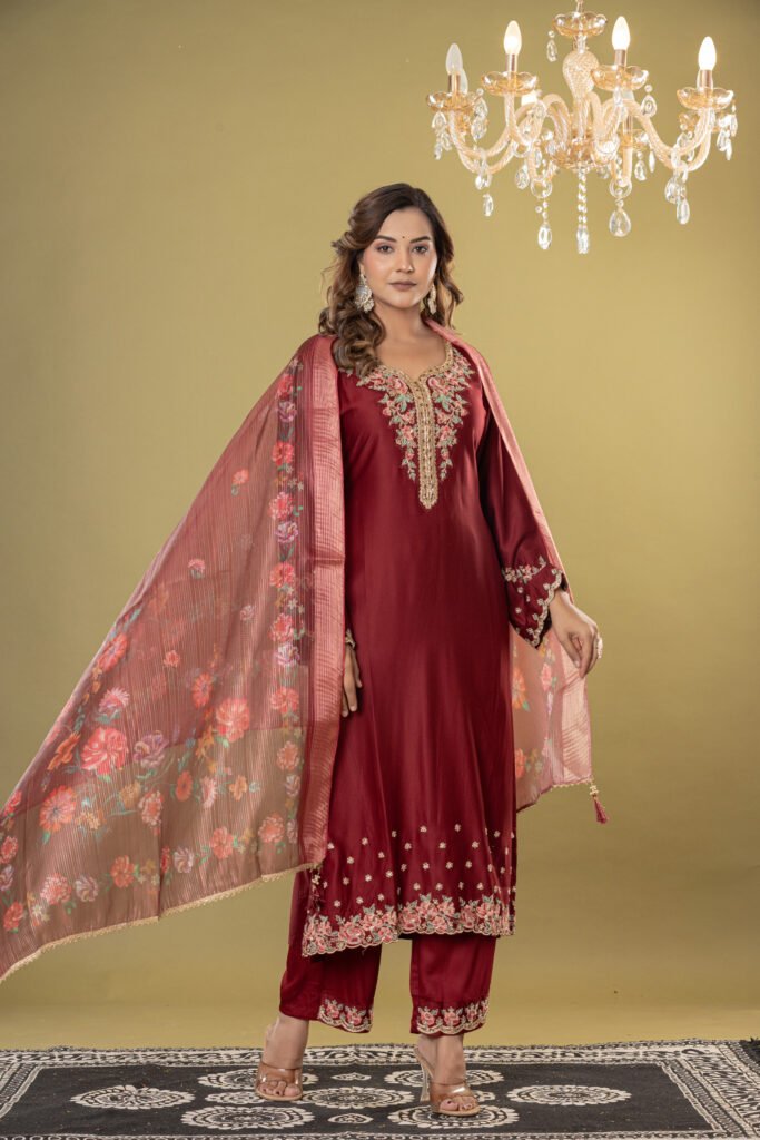 Women's Maroon Embroidered Straight Suit Set with Dupatta