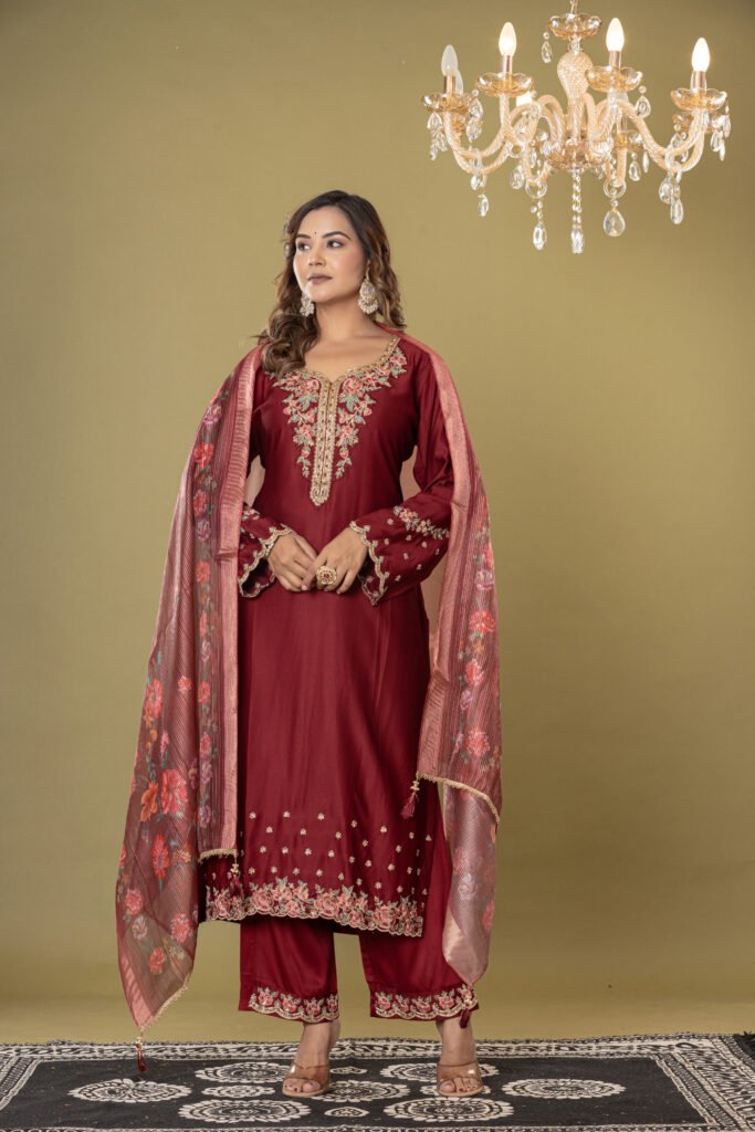 Women's Maroon Embroidered Straight Suit Set with Dupatta