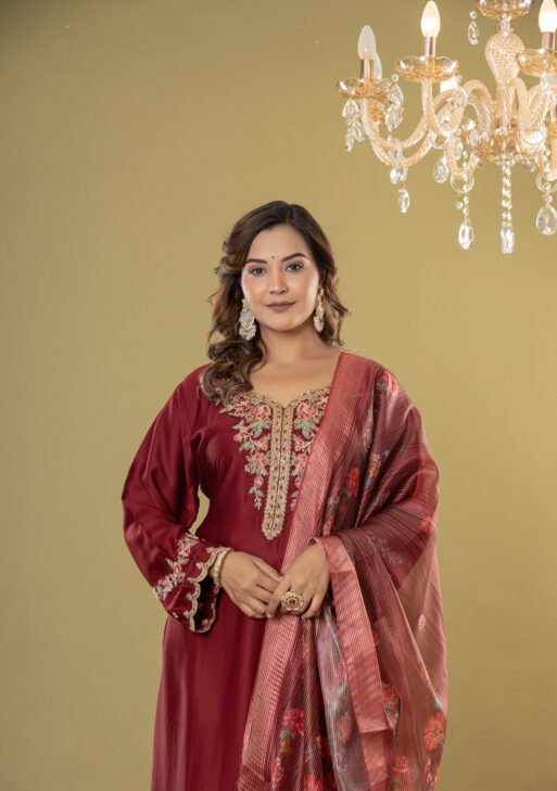 Women's Maroon Embroidered Straight Suit Set with Dupatta