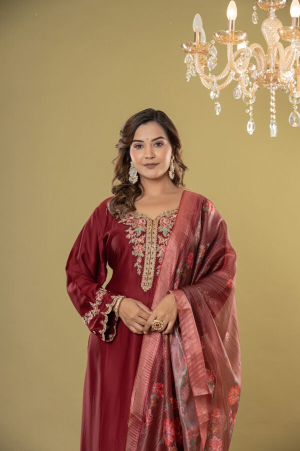Women's Maroon Embroidered Straight Suit Set with Dupatta