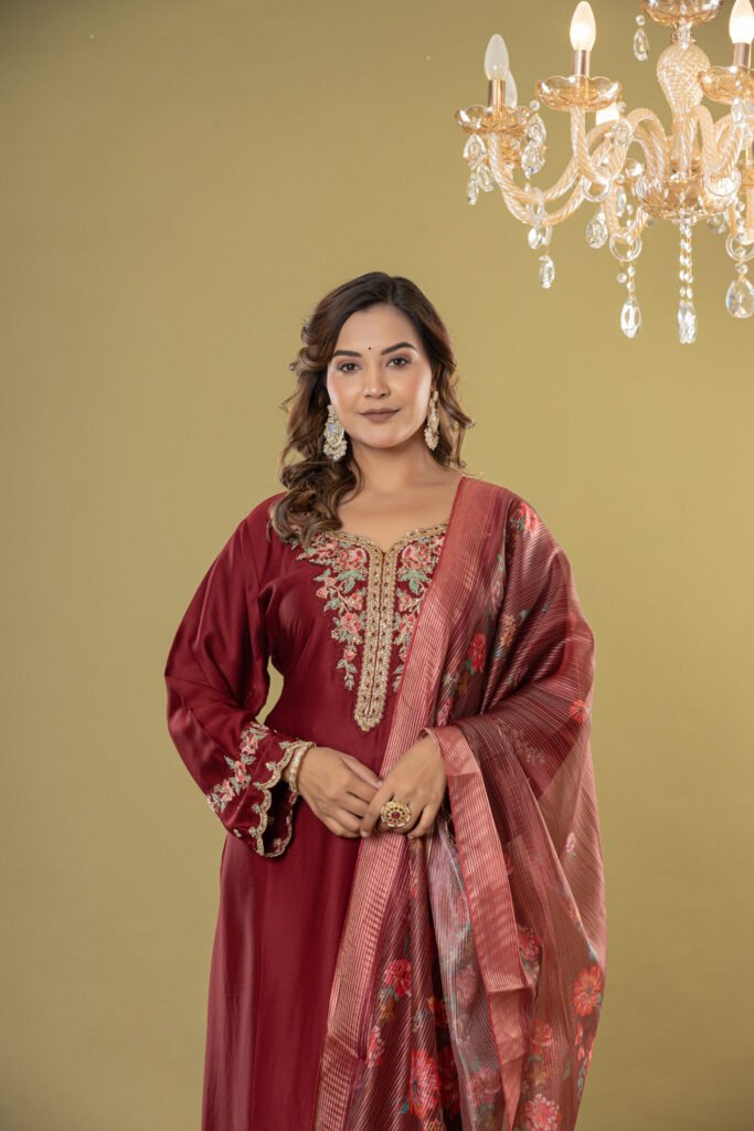 Women's Maroon Embroidered Straight Suit Set with Dupatta