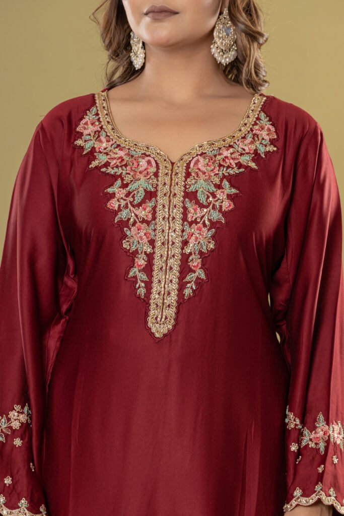 Women's Maroon Embroidered Straight Suit Set with Dupatta