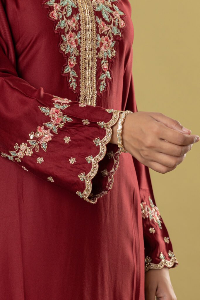 Women's Maroon Embroidered Straight Suit Set with Dupatta