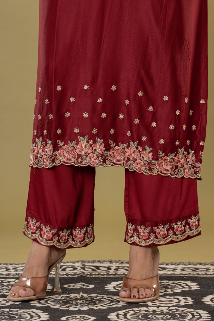 Women's Maroon Embroidered Straight Suit Set with Dupatta