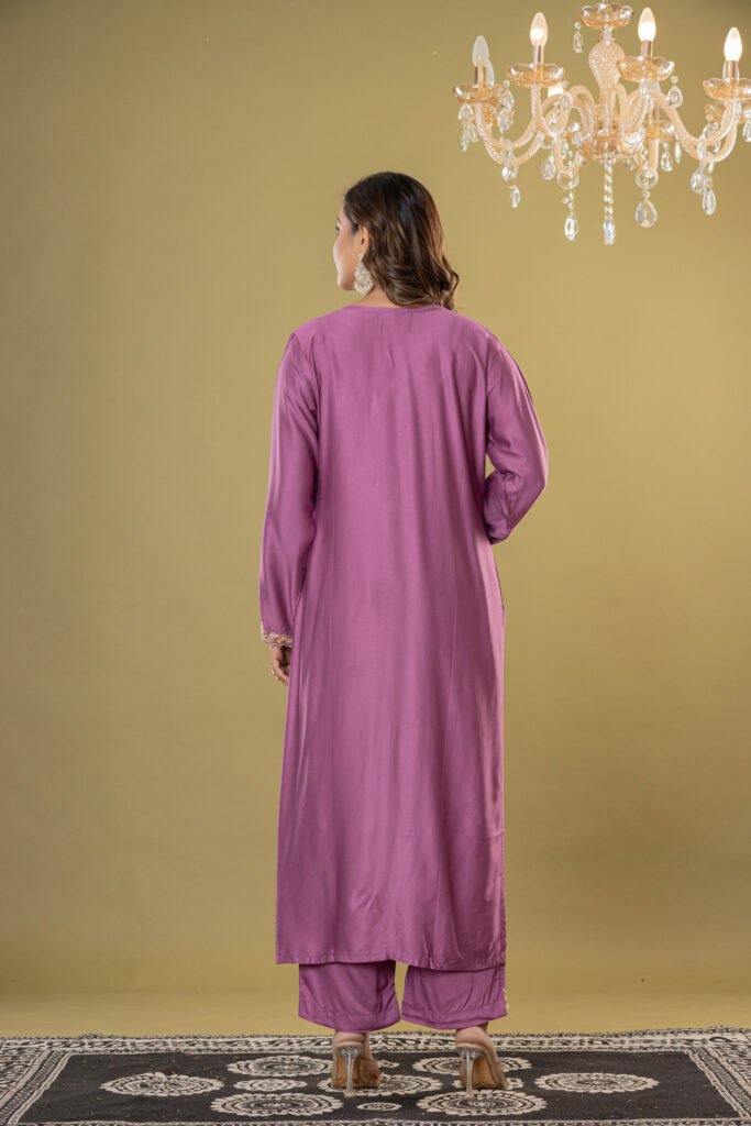 Women's Mauve Embroidered Satin-Silk Suit Set with Dupatta