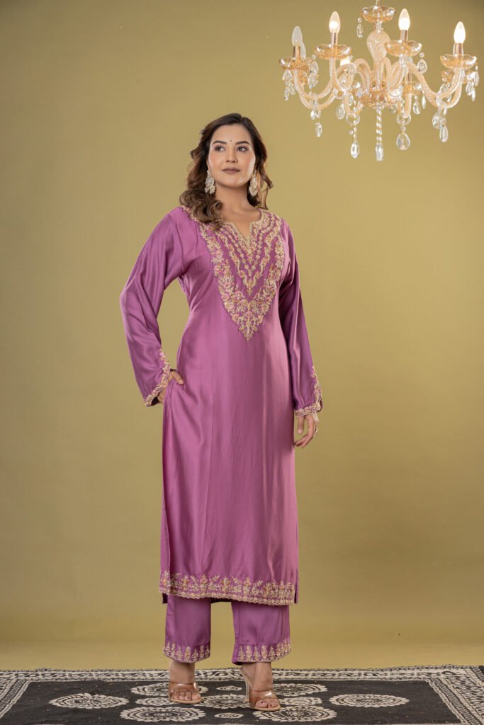 Women's Mauve Embroidered Satin-Silk Suit Set with Dupatta