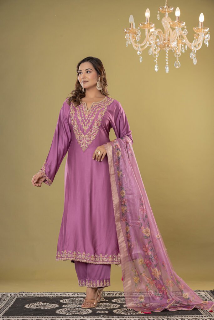 Women's Mauve Embroidered Satin-Silk Suit Set with Dupatta