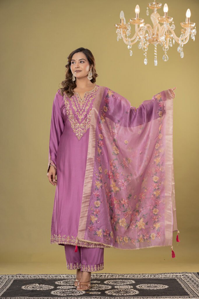 Women's Mauve Embroidered Satin-Silk Suit Set with Dupatta