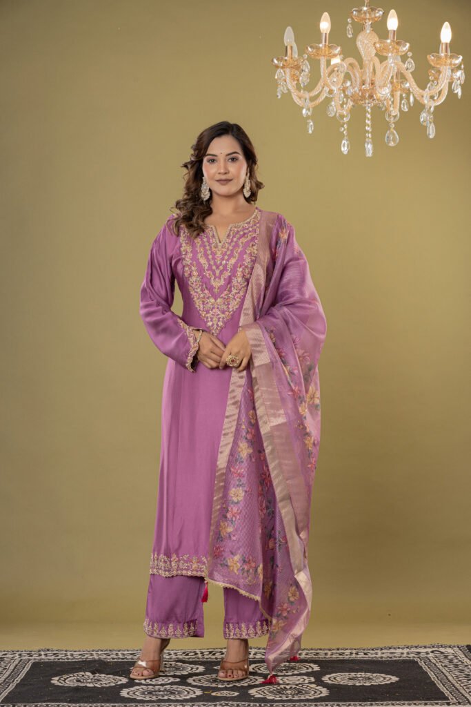 Women's Mauve Embroidered Satin-Silk Suit Set with Dupatta