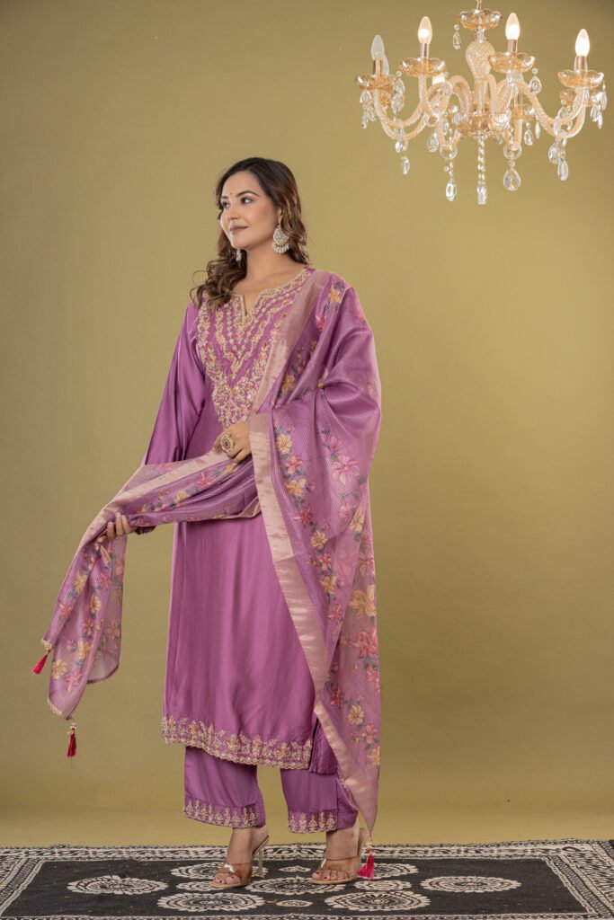 Women's Mauve Embroidered Satin-Silk Suit Set with Dupatta