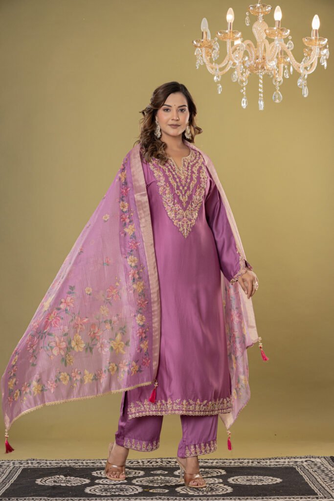 Women's Mauve Embroidered Satin-Silk Suit Set with Dupatta