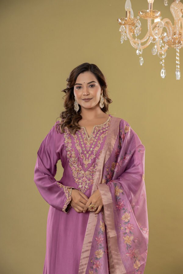 Women's Mauve Embroidered Satin-Silk Suit Set with Dupatta