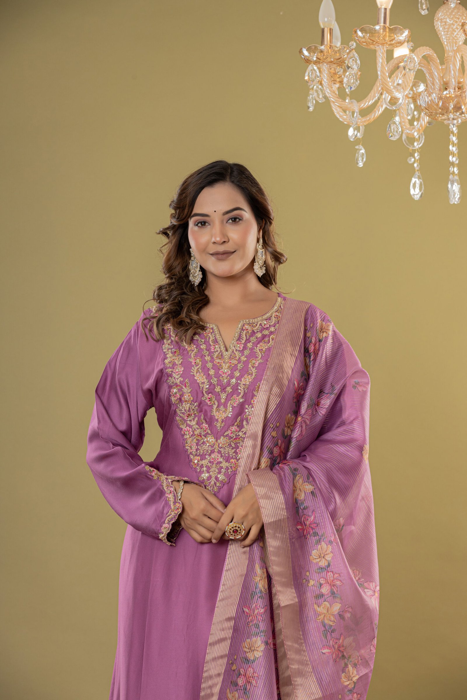 Women's Mauve Embroidered Satin-Silk Suit Set with Dupatta