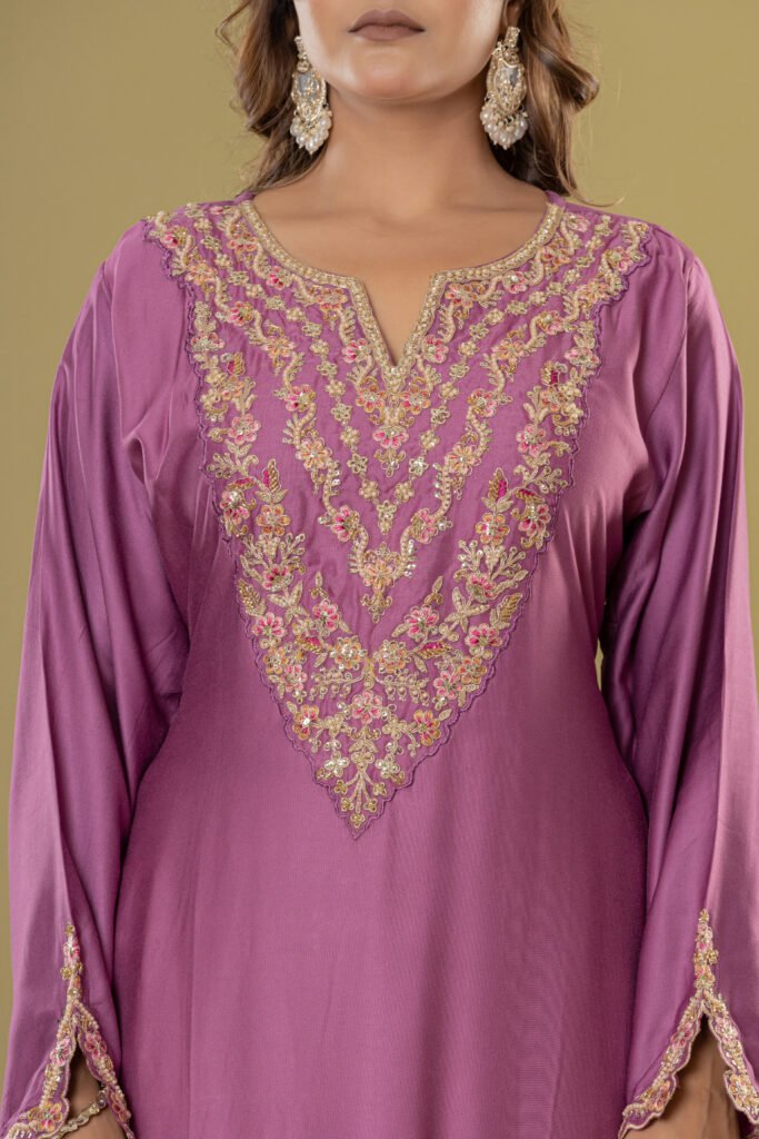 Women's Mauve Embroidered Satin-Silk Suit Set with Dupatta
