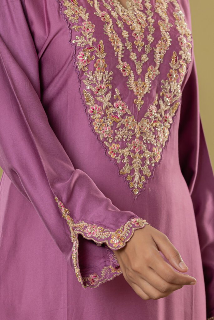 Women's Mauve Embroidered Satin-Silk Suit Set with Dupatta
