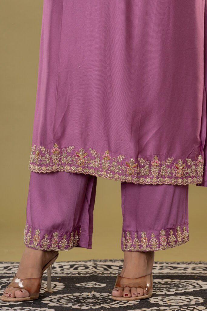 Women's Mauve Embroidered Satin-Silk Suit Set with Dupatta