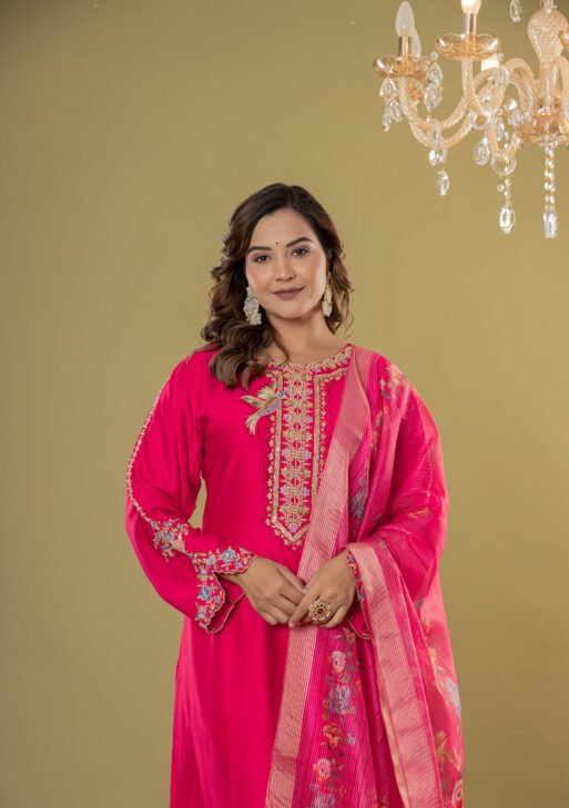 Women's Rani Pink Embroidered Satin-Silk Suit Set with Dupatta